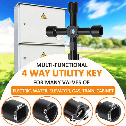 17 Inch Water Meter Key With 4 Way Multi Functional Utilities Key, T Handle Water Shut Off Tool, outdoor cabinets in background