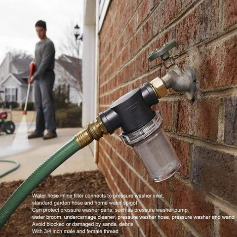 Heavy Duty Garden Hose Filter With Inline Sediment Screen And 3/4 Inch Male Female Threads Plug N Play Operation blocking debris.