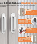 Installation steps for 2 Pack 5.7 Inch Aluminum Alloy Adhesive Cabinet Handles No Drill Peel And Stick with strong tape shown on doors