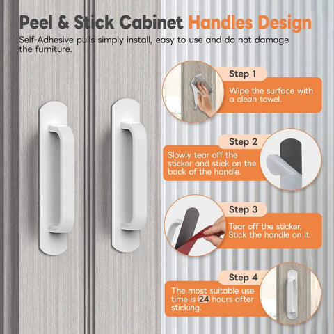 Installation steps for 2 Pack 5.7 Inch Aluminum Alloy Adhesive Cabinet Handles No Drill Peel And Stick with strong tape shown on doors