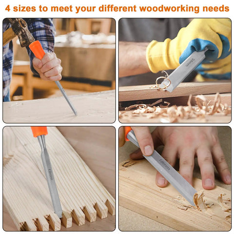 4 Piece Wood Chisel Set With Steel Hammer End And Ergonomic Plastic Handles For Woodworking Includes 6mm 12mm 18mm And 24mm Chisels Pro Grade And Handy For Carving Shaping And Craft Projects being used in woodworking tasks