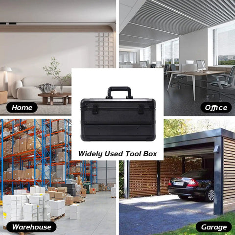 Heavy Duty Tool Box With Drawers Hard Case Organizer for home, office, warehouse, and garage use, black storage cabinet.