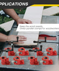 Built Tough Heavy Duty 3/4 Inch Pipe Clamps For Woodworking, Tough As Nails Cast Iron Gluing Bars With Killer Grip And Quick Twist Knobs, 4 Pack Shop Essential on a work surface holding wood in place.