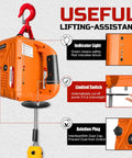 Orange portable electric hoist winch with red overhead hook and steel lifting chain