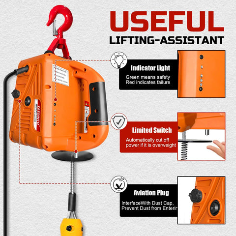 Orange portable electric hoist winch with red overhead hook and steel lifting chain