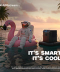 Astronaut on pink flamingo float beside GW Pro Daily Water Factory Atmospheric Water Generator, sunset beach setting.