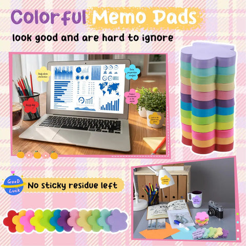 Colorful Flower Sticky Notes 3 Inch Pack Of 24 With 100 Sheets Per Pad displayed with laptop and desk setup