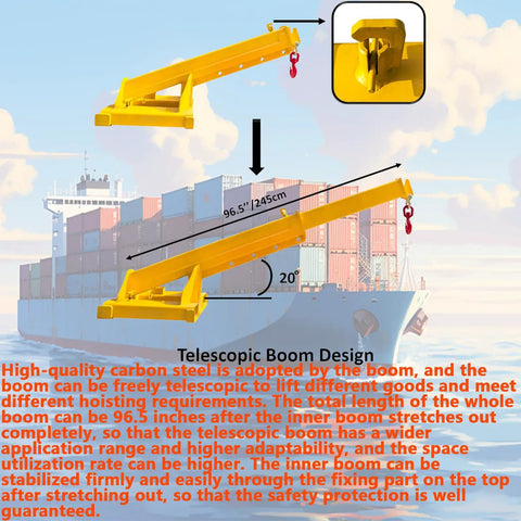 Heavy Duty Adjustable Mobile Crane Telescopic Boom With 11000 Lb Forklift Rig And Truss Jib Lifting Hoist, 96.5 inches, durable steel, designed for heavy lifting.