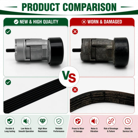 Product comparison of new vs worn tensioner for Beefy Serpentine Belt Tensioner Kit With Belt And Idler Pulley For Hyundai Sonata Tucson Santa Fe
