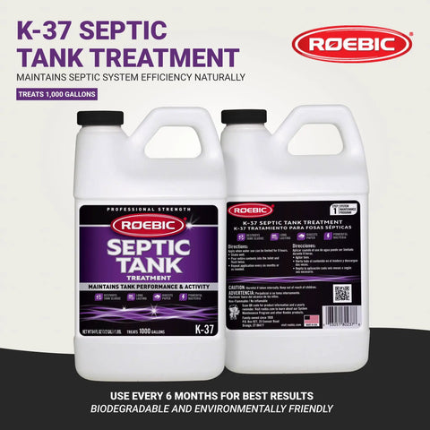 Two 64-ounce bottles of septic tank treatment for efficient breakdown of waste, odor control, and clog prevention.