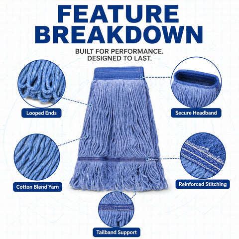 2 Pack Workhorse Mop Head Replacement For Commercial Floor Cleaning Ultra Absorbent Wet Mop Head With Cotton Rope Looped End Industrial Blue Refills Durable Safe Mop Head For General Cleaning showing features like looped ends and reinforced stitching