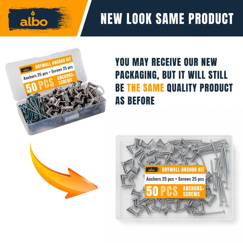 Knockout Drywall Anchor Kit With Screws For Hollow Walls Contains Fifty Grey Plastic Wall Plugs And Bolts in clear storage box.