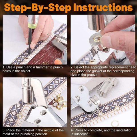 Step-by-step instructions for installing eyelets with Heavy Duty Grommet Kit Three Eighths Inch 10mm Eyelets And Grommets Set.