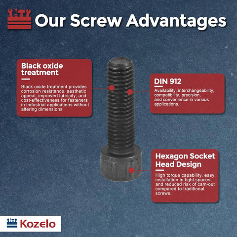 Close-up of 20pc Black Socket Head Cap Screws M16-2 X 45mm Alloy Steel showcasing black oxide treatment and hex socket design.