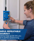 Person using Portable Cabinet Hardware Jig With Edge Guide For Knobs And Small Pulls, Boss Level Accuracy For Straight Hole Drilling Without A Drill Press on cabinet.