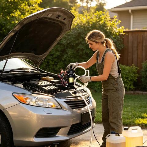 Must-Have 12V Self-Priming Oil Transfer Pump For Fast Fluid Extraction From Cars Trucks Boats And Lawn Mowers In Your Garage Or Shop During Any Weekend Project, being used on a silver car.