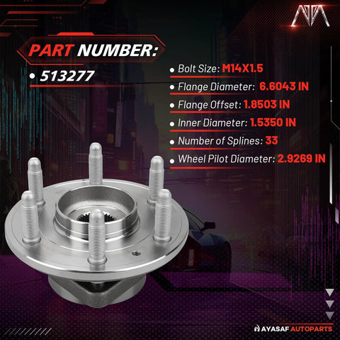 Front and rear wheel hub bearing assembly with ABS 6 lugs for GM SUVs, visible part number 513277, dimensions noted.