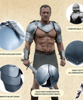Model wearing Medieval Shoulder Pauldron Set With Iron Gorget And Spaulders for LARP, steel finish, detailed view of straps and edges.