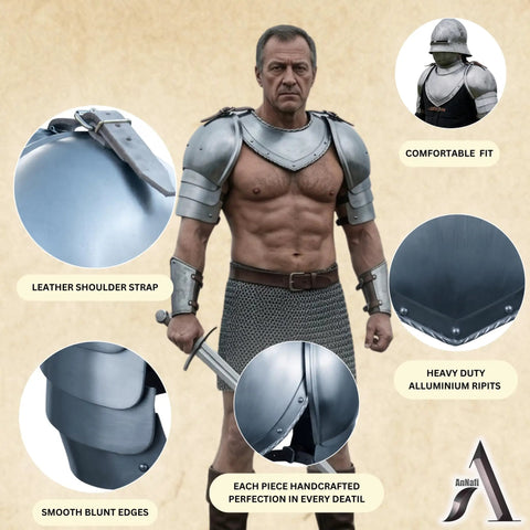 Model wearing Medieval Shoulder Pauldron Set With Iron Gorget And Spaulders for LARP, steel finish, detailed view of straps and edges.
