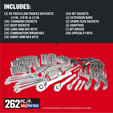 262 Piece Mechanic Tool Set In Versastack 3 Drawer Box With SAE And Metric Sockets Car And Motorcycle Tool Kit on display