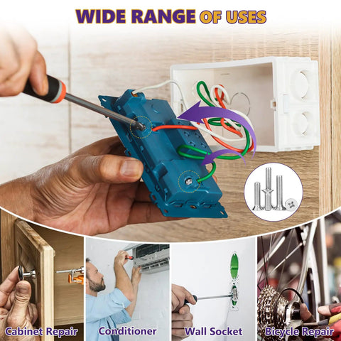 Installation of a blue electrical outlet box using Seventy Count Six Three Two Machine Screws Four Mixed Sizes Premium 304 Stainless Steel.