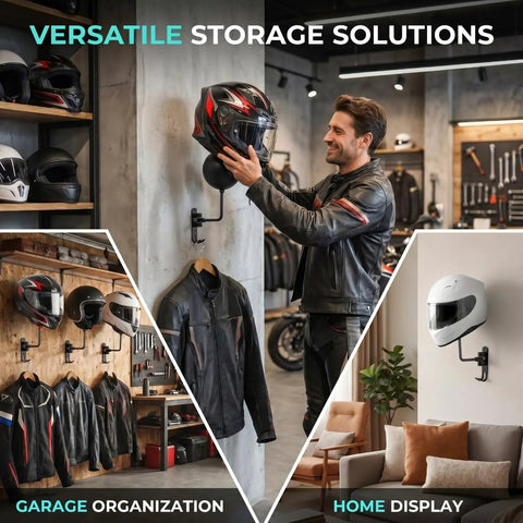 Man uses Six Pack Motorcycle Helmet Rack Wall Mount With 180 Degree Rotation And Dual Hooks for helmets and jackets in garage.