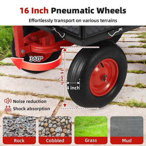 Heavy Duty Garden Wagon Cart With 1400 Lbs Capacity And Mesh Sides That Detach To Flatbed, 16 inch all-terrain tire