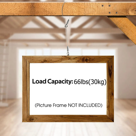 Built Like a Tank Adjustable Picture Hanging Wire Four Pack features heavy duty stainless steel cable for securely mounting a frame showing load capacity.