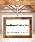 Pro Grade Heavy Duty Picture Hanging Wire Kit With Adjustable Hooks And Tough Stainless Steel Rope holding a framed artwork at 66 lbs capacity.