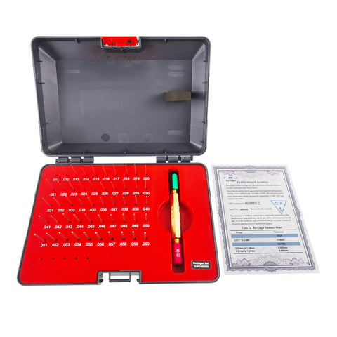 Class ZZ Pin Gage Set With Go No Go Handle For Machine Shops And Manufacturing 0.011 To 0.060 Inch 50 Pieces Burr Free Polished Gauges High Precision 60 To 62 HRC Clear Markings Durable Steel in case with certificate