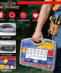 Person carrying All In One 1100 Pcs Insulated Wire Connector Kit with Ring Butt Spade Fork Terminals, focus on carrying case