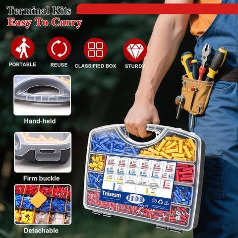 Person carrying All In One 1100 Pcs Insulated Wire Connector Kit with Ring Butt Spade Fork Terminals, focus on carrying case