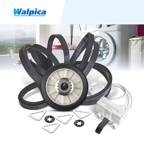 Complete Dryer Repair Kit With Belt, Two Drum Rollers, Idler Pulley, And Door Switch displayed on white surface