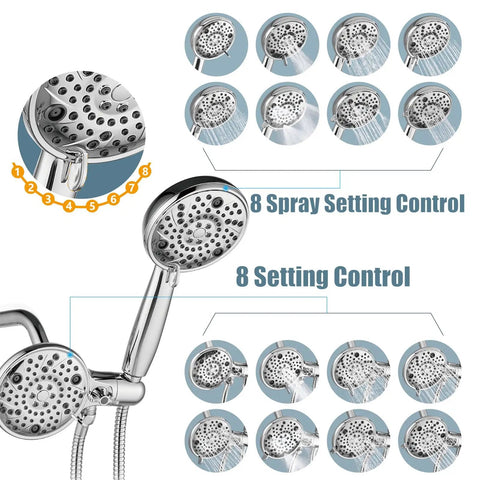 Dual Shower Head And Handheld Spray System With Tub Spout, Rain Shower Head, 8 Settings, Chrome Finish with spray patterns shown