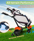 Smooth Operator Auto Follow Electric Golf Push Cart With Smart Remote App Controls, showing all-terrain performance wheels.