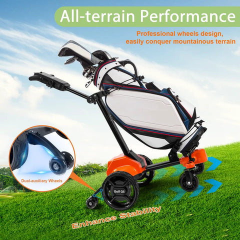 Smooth Operator Auto Follow Electric Golf Push Cart With Smart Remote App Controls, showing all-terrain performance wheels.