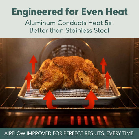 Quarter Sheet Pan With Wire Rack Set For Oven Use, chicken roasting on premium aluminum baking sheet with even heat arrows