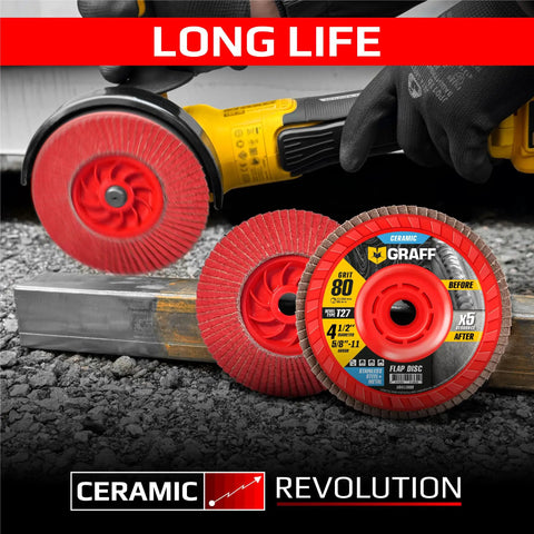 80 Grit Ceramic Flap Disc For 4 1/2 Inch Angle Grinder 5/8 Inch Arbor Pro Grade For Stainless Steel And Sheet Metal Fast Cutting