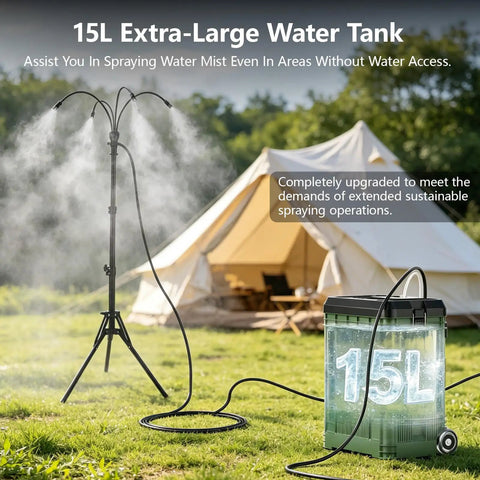 Standing Outdoor Patio Misting System Portable Cooling Unit with 15L bucket and mist spray near tent in outdoor setting