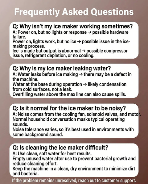 FAQ page for Nugget Ice Maker Countertop with troubleshooting tips on non-working, leaking, noisy, and cleaning issues.