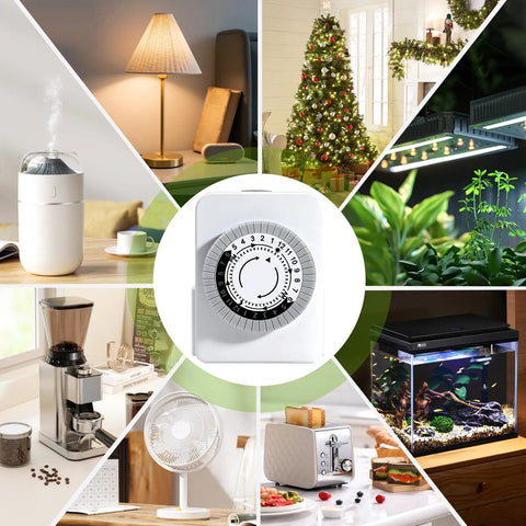 24 Hour Mechanical Outlet Timer With Dual Grounded Receptacles For Indoor Use set in a collage with lamps, plants, and devices.