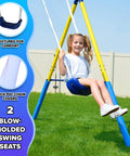 Child swinging on My First Metal Swing Set With Slide For Up To 4 Kids, Heavy Duty 2 Inch Steel Frame, in blue and yellow.