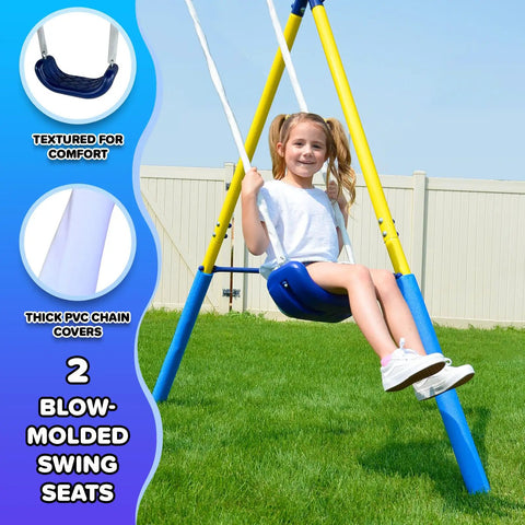 Child swinging on My First Metal Swing Set With Slide For Up To 4 Kids, Heavy Duty 2 Inch Steel Frame, in blue and yellow.