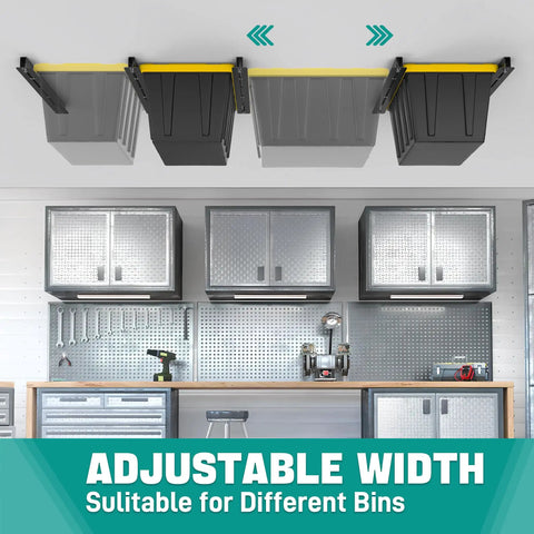 Heavy Duty Ceiling Storage Rack for Garage Overhead Storage System Adjustable Bin Organizer 5 Sets for 4 Bins 26 Inch Span Rust Resistant Powder Coated Steel installed in garage.