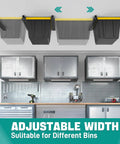 Heavy Duty Ceiling Garage Storage Rack Adjustable Overhead Bin System Black Powder Coated Steel 6 Sets installed holding bins