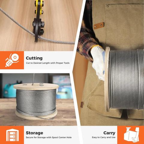 3/16 Inch 500 Ft Stainless Steel Wire Rope 304 7x19 for Deck Cable Railing Balustrades Clotheslines and Zip Lines displayed on spool