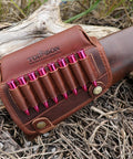 Close-up of Genuine Leather Buttstock Cheek Rest with Rifle Shell Holder and Quick Access Ammo Slot, brown leather