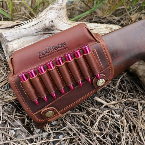 Close-up of Genuine Leather Buttstock Cheek Rest with Rifle Shell Holder and Quick Access Ammo Slot, brown leather