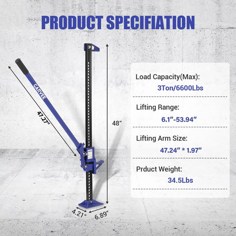 Heavy Duty Farm Jack 3 Ton 6600 Lb Capacity 48 Inch High Lift Steel Off Road Ratcheting Utility Jack with specs