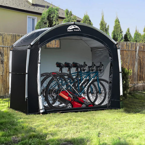 Outdoor Bike Storage Tent Shed With Window Waterproof Portable Shelter For 2 To 8 Bikes with lawn mower visible inside